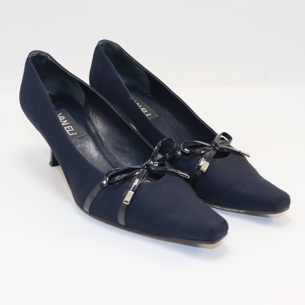 Van Eli Kitten Heel Pumps 9.5 Navy Blue Womens Bow Detail Pointed Toe Shoes